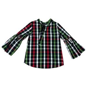 Crown & Ivy‎ Plaid Womens Size-XS Bell Sleeve Tie Neck Keyhole Blouse Top Cotton